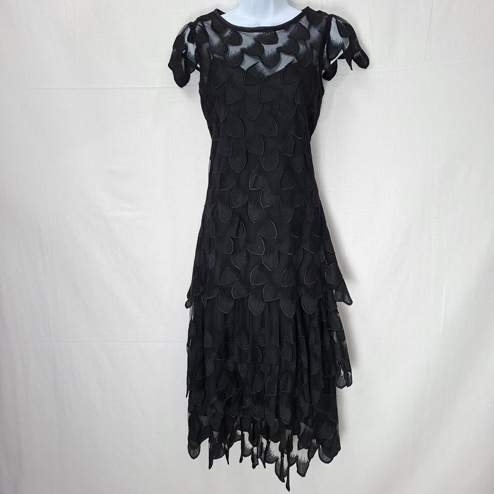 Vtg 80s Theme Dress Embroidered Mesh Asymmetric Tiered Midi Goth Grunge USA MADE